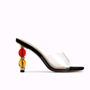 Peep Toe Beaded Heel Mule In Black Faux Suede